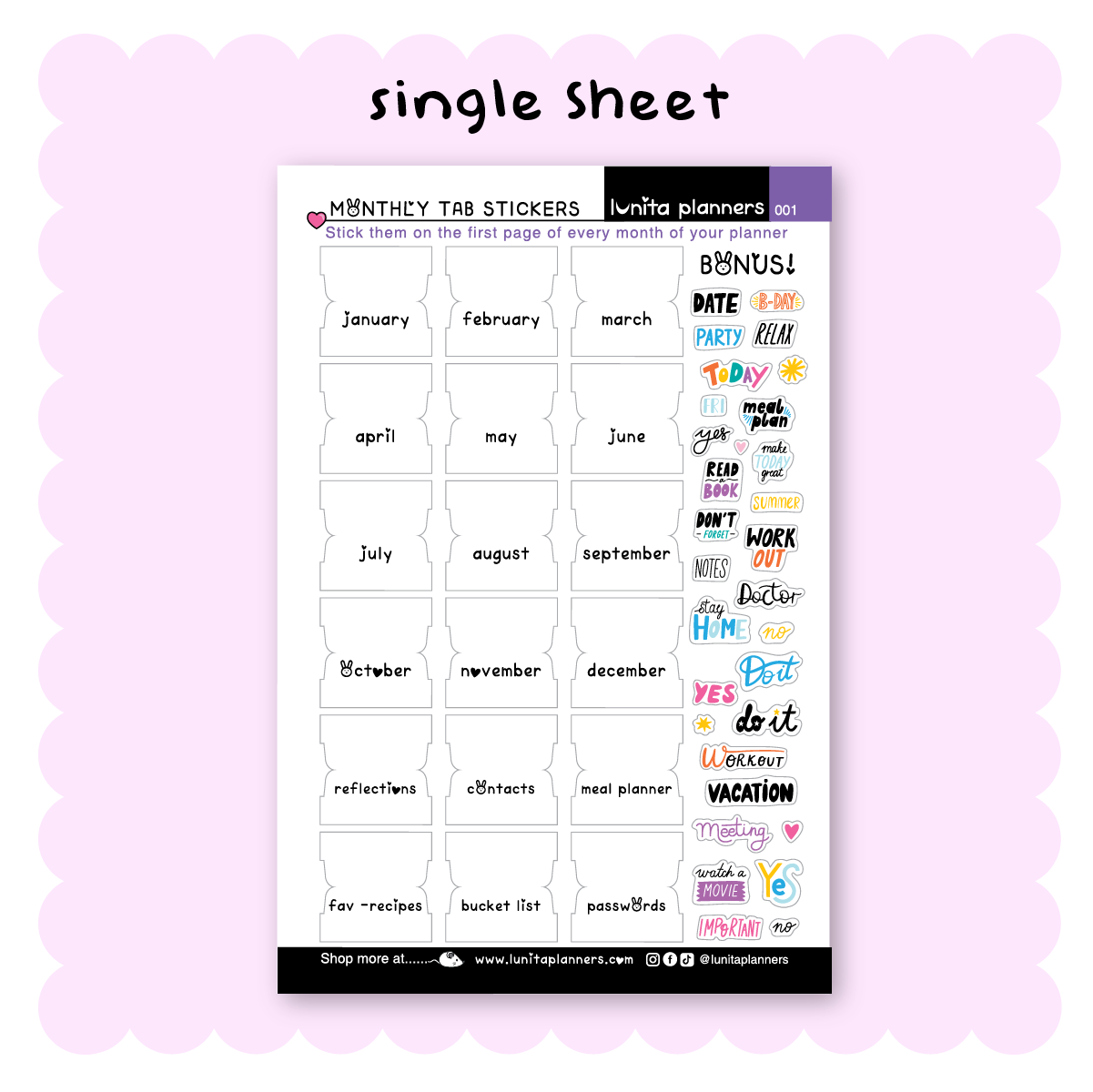 Planner Tabs Sticker Sheet (Monthly)