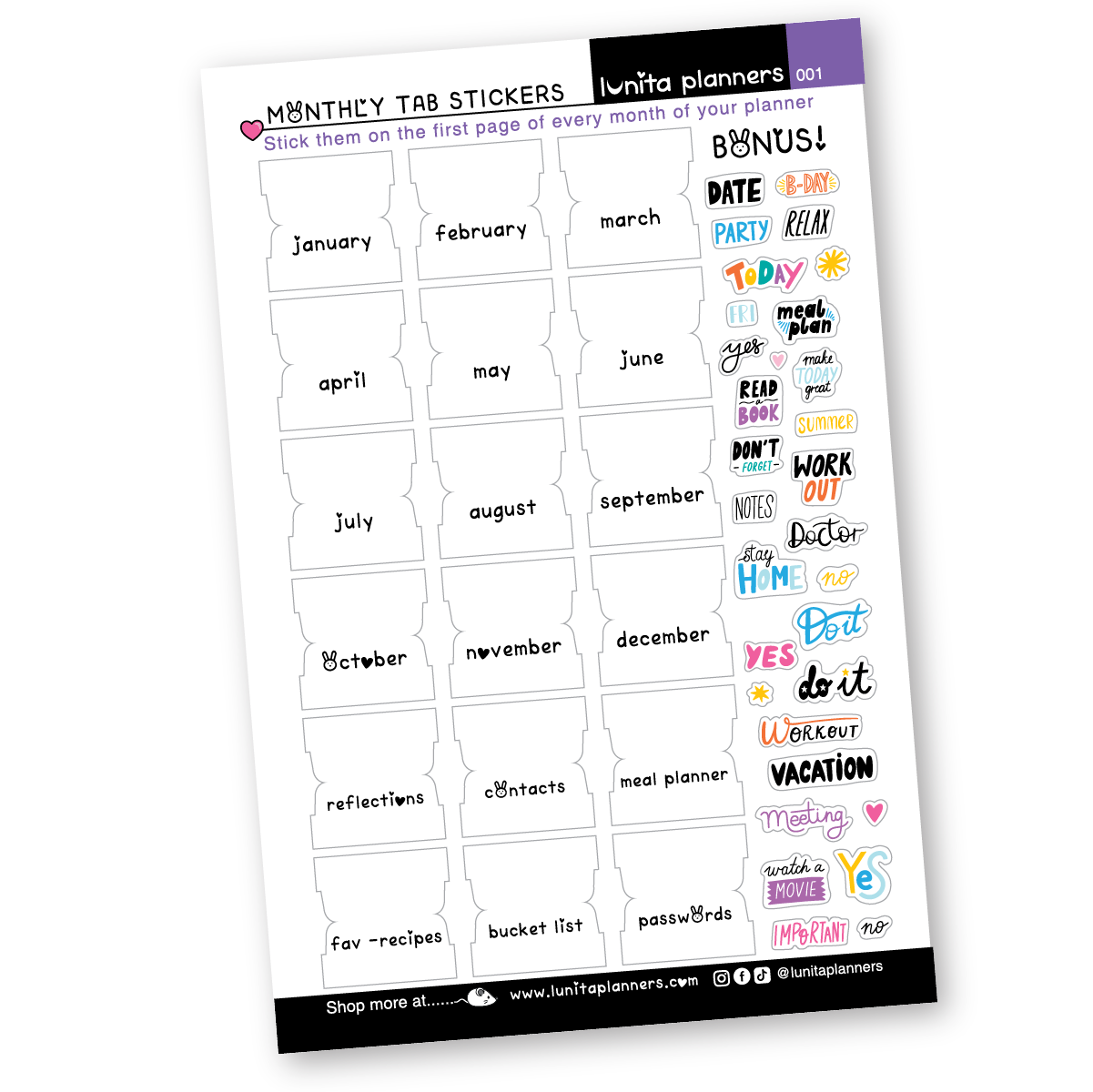 Planner Tabs Sticker Sheet (Monthly)